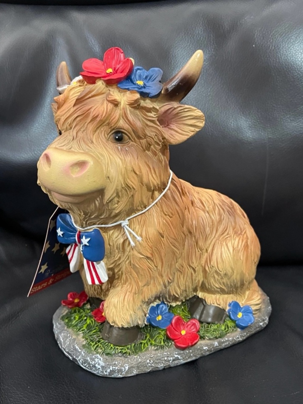 Stars and Stripes Patriotic Highland Cow with Flowers - Patriotic Cow